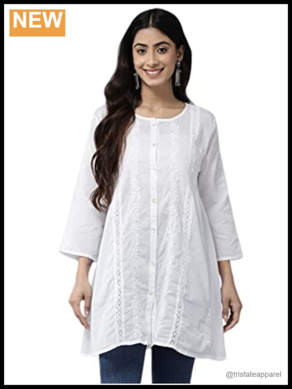 Hand Embroidered Cotton Short Kurti Tunic 3/4 Sleeve Round Neck Casual